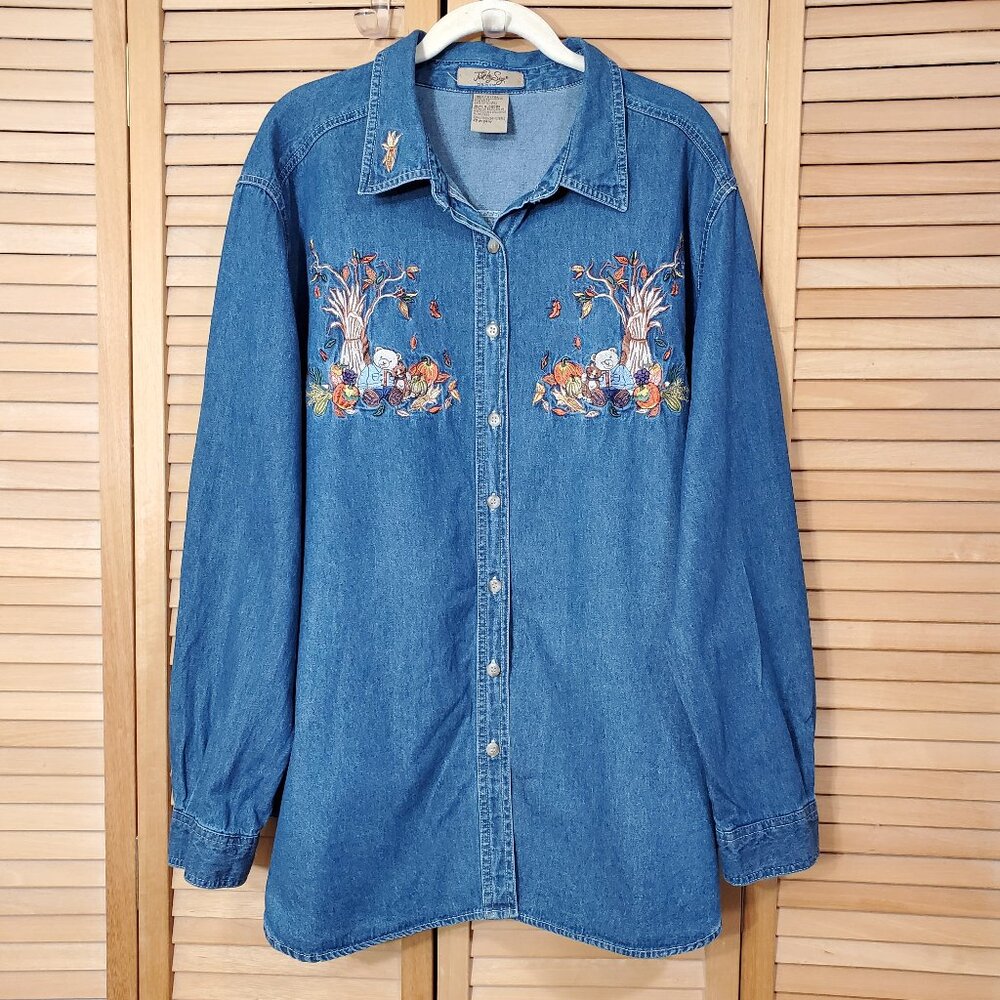 Just My Size Women's Embroidered Button Front Denim Shirt 22W/24W